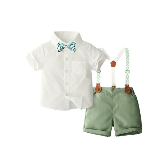 Bagilaanoe 2Pcs Toddler Baby Boys Gentleman Outfits Overalls Shorts Set Short Sleeve Shirt Tops with Bow Tie Suspender Short Pants 12M 18M 24M 3T 4T 5T Kids Formal Clothes