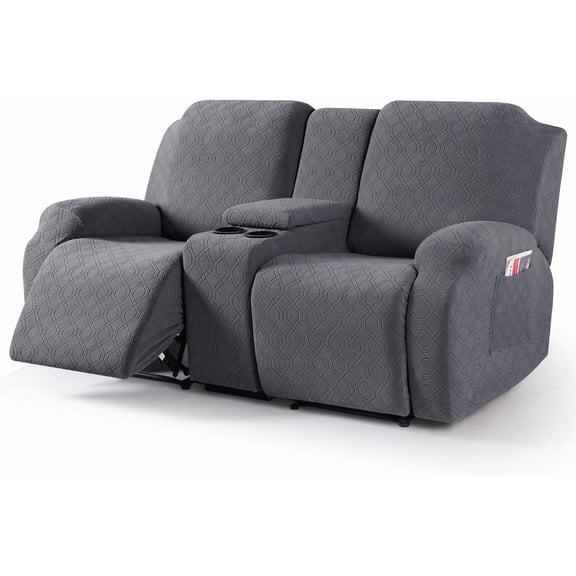 Recliner Loveseat Cover with Middle Console Stretch Reclining Sofa Slipcover for 2 Seat Jacquard Reclining Couch Sofa Covers Furniture Protector with Elastic Straps Bottom (Dark Gray)