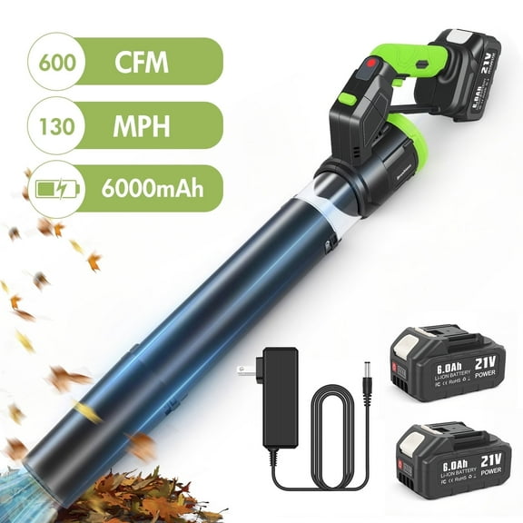 BAOKALER 21V Electric Cordless Leaf Blower, 600CFM 130MPH Sonw Blower with 2×6AH Batteries, 3 Speed Modes, 180° Adjustable Tube, LED Display