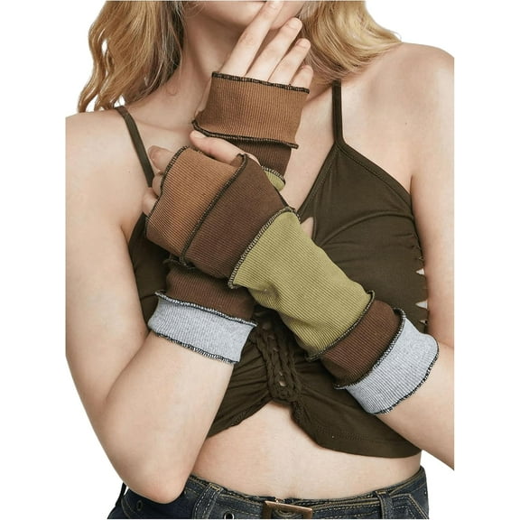 Zhengup Women's Colorblock Patchwork Gloves Fingerless Knitted Vintage Arm Warmers with Thumb Hole