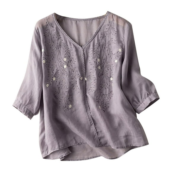 TopLLC Mexican Embroidered Tops for Women Summer Short Sleeve Boho Shirts Peasant Blouses, Loose Fitting Bohemian Top