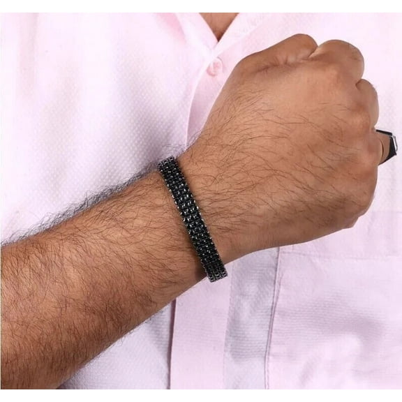 Radiant Jewelry 20Ct Simulated Round Cut 3 Row Black Diamond Men's 8Inch Tennis Bracelet 14K Black Gold Plated