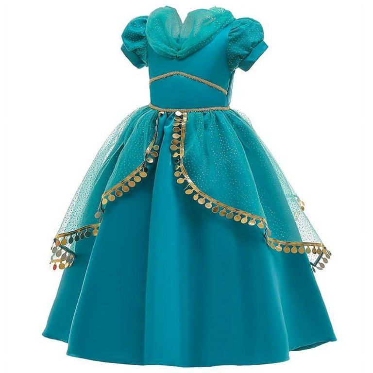 Jasmine Costume for Girls Blue Princess Halloween Birthday Cosplay Party  Dress 