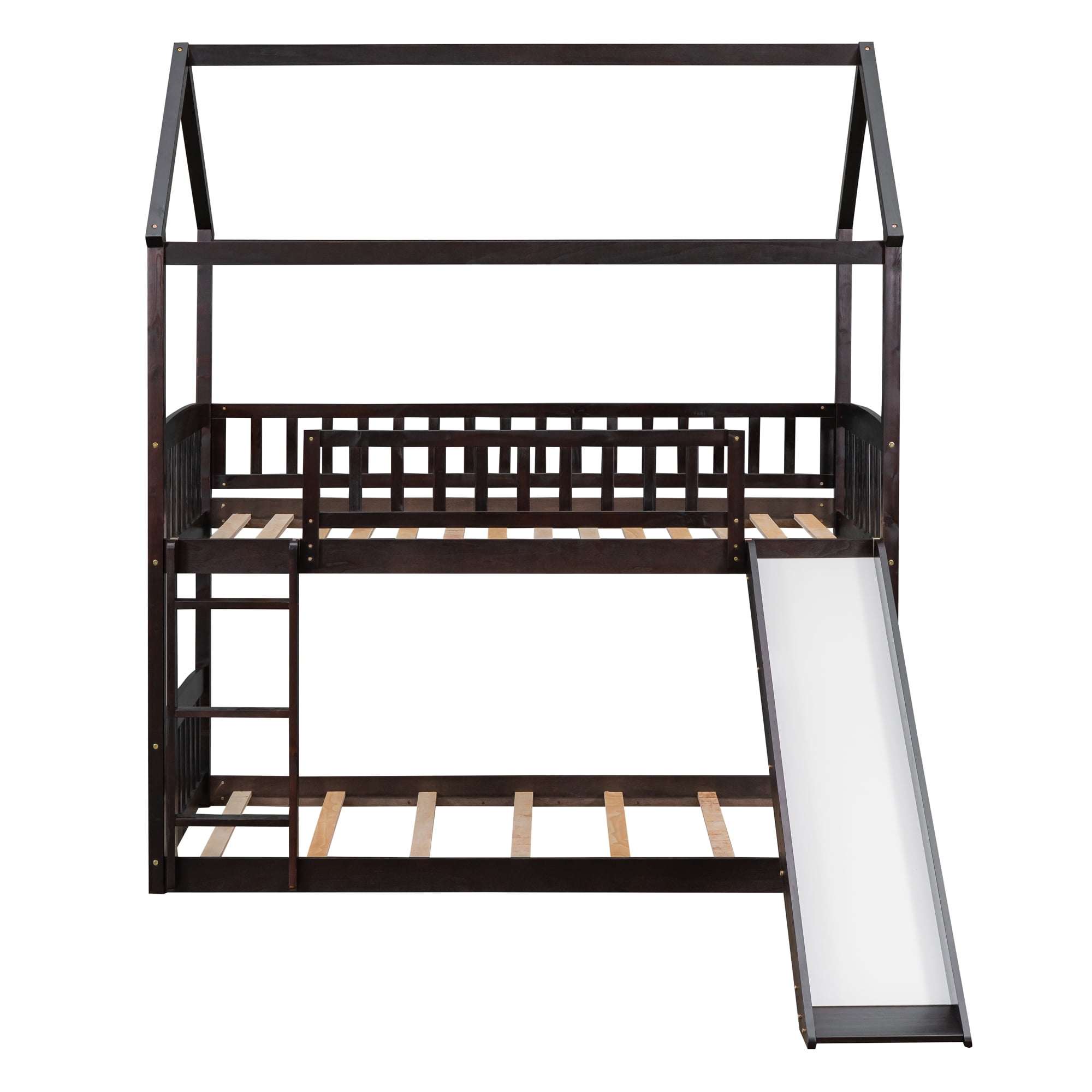 DEALTOPS Twin over Twin Bunk Bed with Slide and Ladder, Wooden Bed Frame for Kids, Teens, Espresso