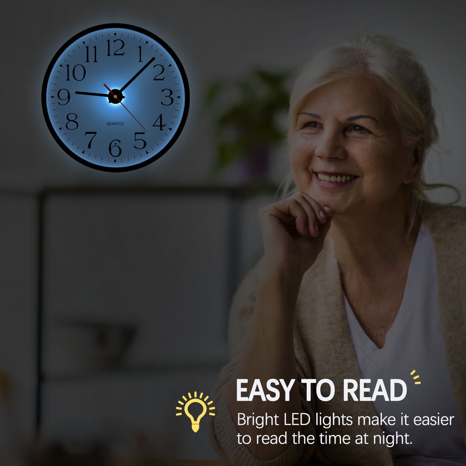 JoFomp Night Light Wall Clocks Battery Operated, 12 Inch Silent LED Light Up Wall Clocks for Living Room Decor, Modern Wall Clock for Bedroom Night Glow, Illuminated Clock with Auto-Dimming/USB Cable