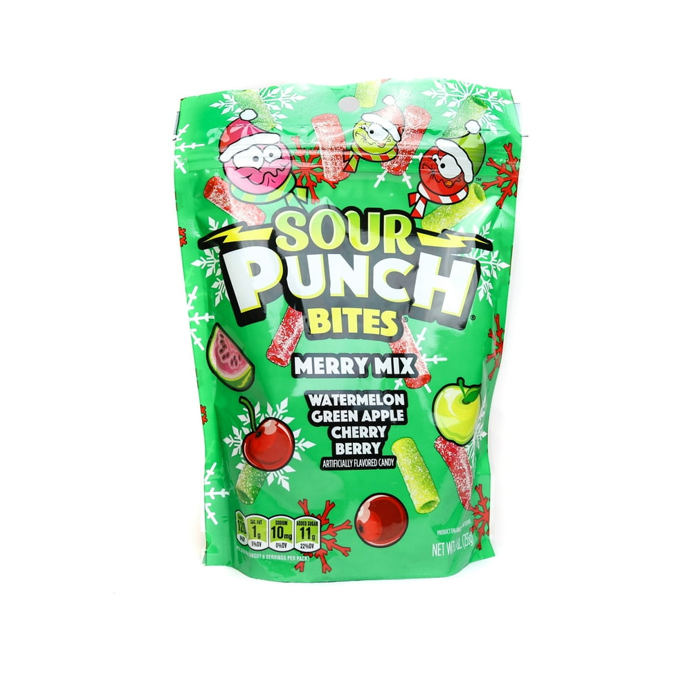 SOUR PUNCH Merry Mix Bites, Soft & Chewy Sour Candy Pieces, 9oz Bag