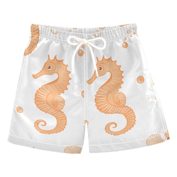 FORMRS Boys Swim Trunks Quick Dry Mesh Liner Boardshorts Sizes XS-XL, White Seahorse