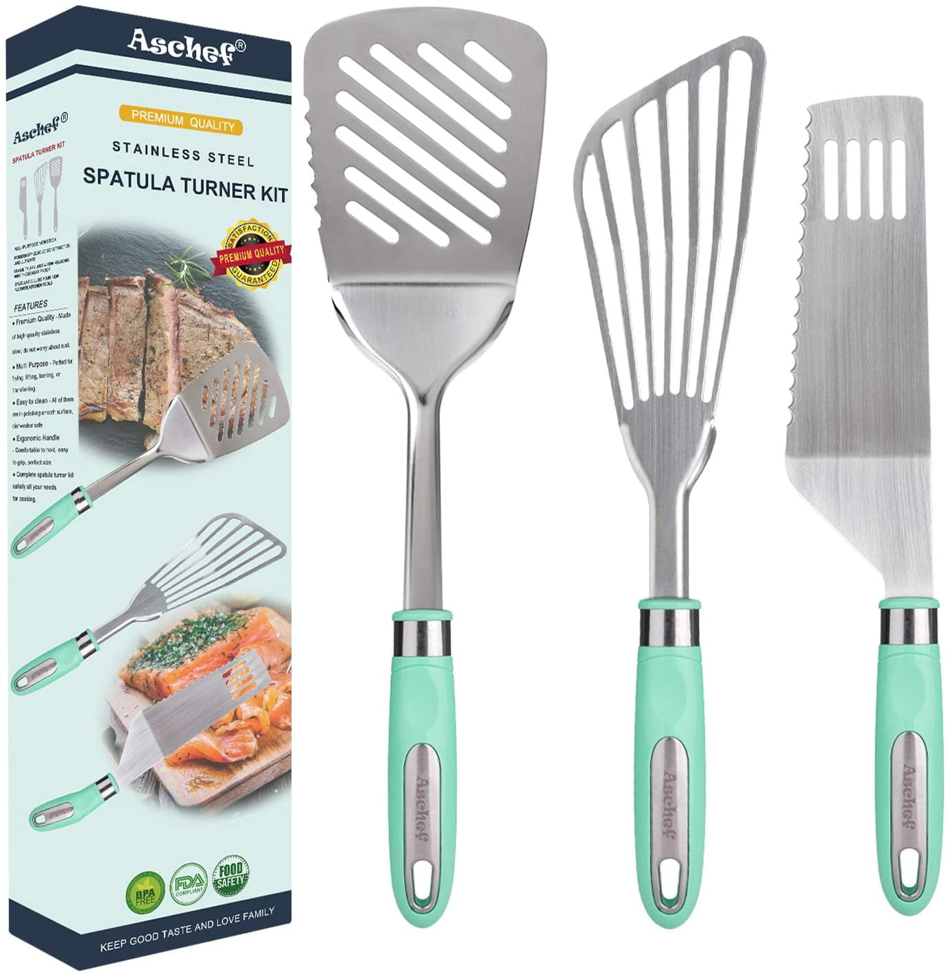 3in1 Stainless Steel Spatula Set, Portable Fish Spatula Slotted Pancake