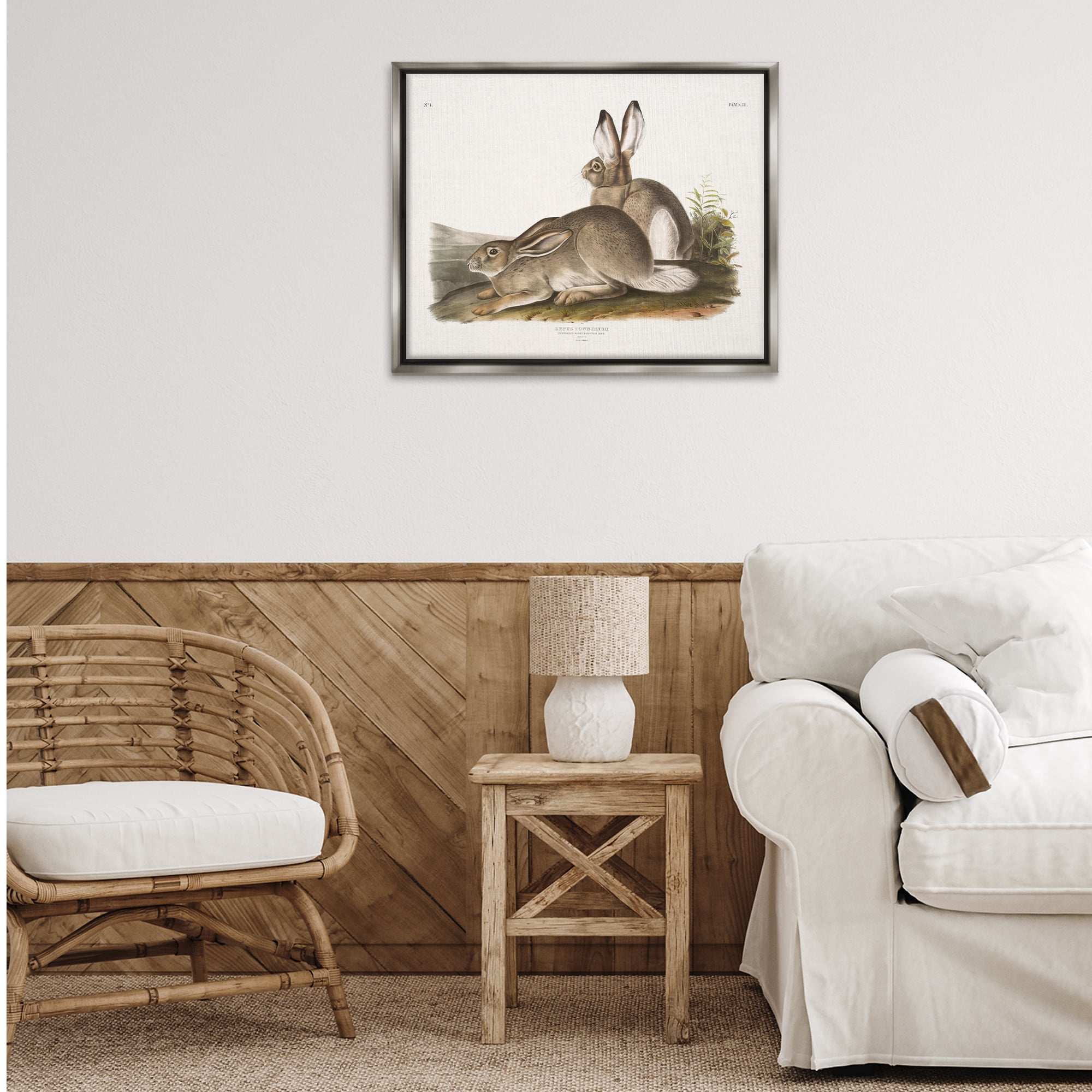 Stupell Industries Traditional Cottage Hare Animals & Insects Painting Gray Floater Framed Canvas Art Print Wall Art, 31 x 25