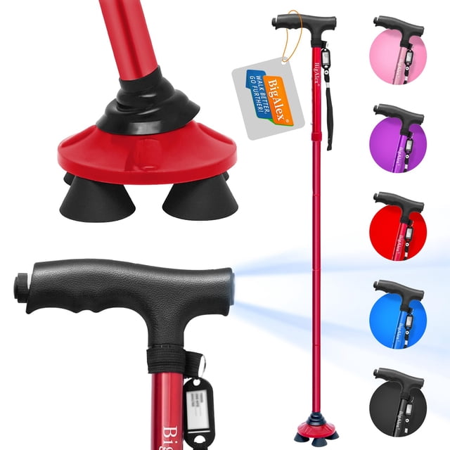 Bastón plegable BigAlex con luz LED, base cuádruple pivotante, ajustable y bolsa de transporte para hombre y mujer (base de aleación)