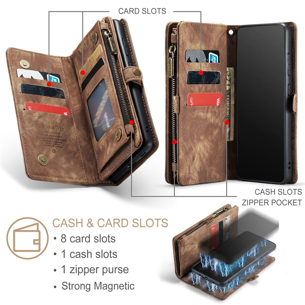 CaseMe Leather Case for Samsung Galaxy S20 Plus 5G,2 in 1 Detachable Wallet Case with 8-Card Holder Zipper Bills Slot,Magnetic Shockproof Flip Leather Cover Zipper Pocket Phone Cases,Brown