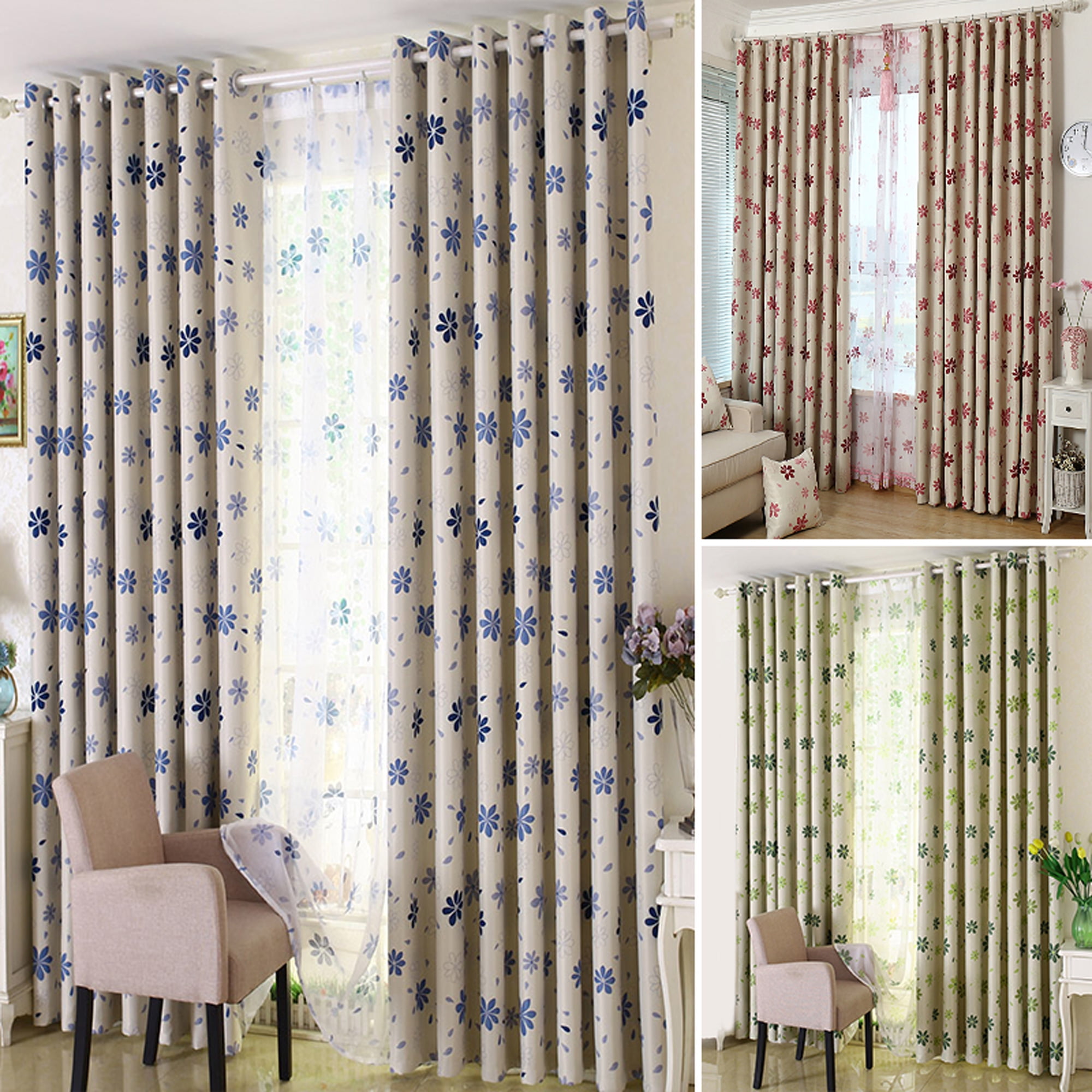 Pair 2 x Blockout Eyelet Curtains Country Style Leaves Light Grey 240cm x 230cm 