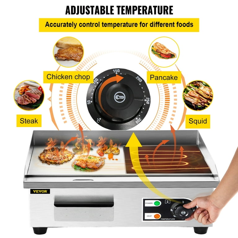 VEVOR 22 Electric Countertop Flat Top Griddle 110V 1600W Commercial Electric  Griddle Non-Stick Restaurant Teppanyaki flat top Grill Stainless Steel  Adjustable Temperature Control 122°F-572°F 