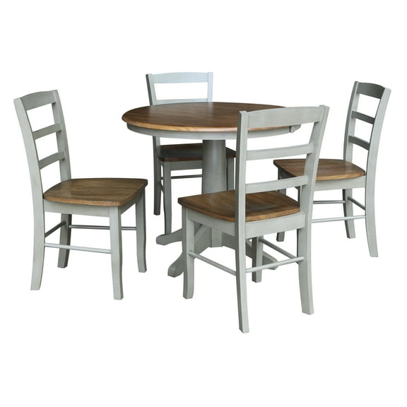 International Concepts 36" Round Solid Wood Pedestal Dining Table with 4 Madrid Ladder Back Chairs in Distressed Hickory/Stone