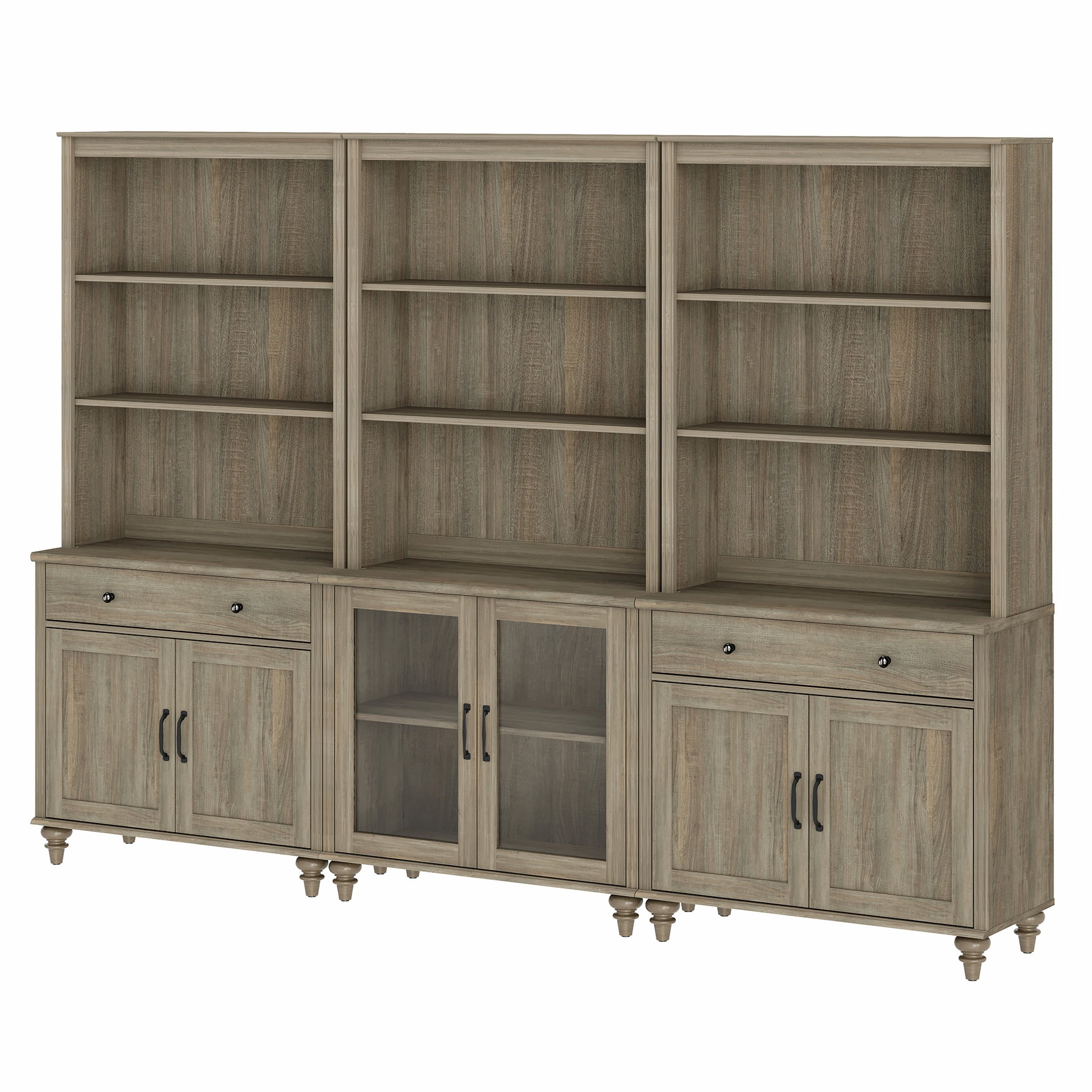 Farmhouse 5 Tier Bookcase With Doors & Drawers, Wash Gray, 101.6" W