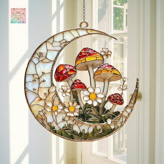Flower and Mushroom Crescent Moon Suncatcher, ACRYLIC Moon Decor, Floral Window Hanging, Perfect Gift for Mother's Day Girlfriend