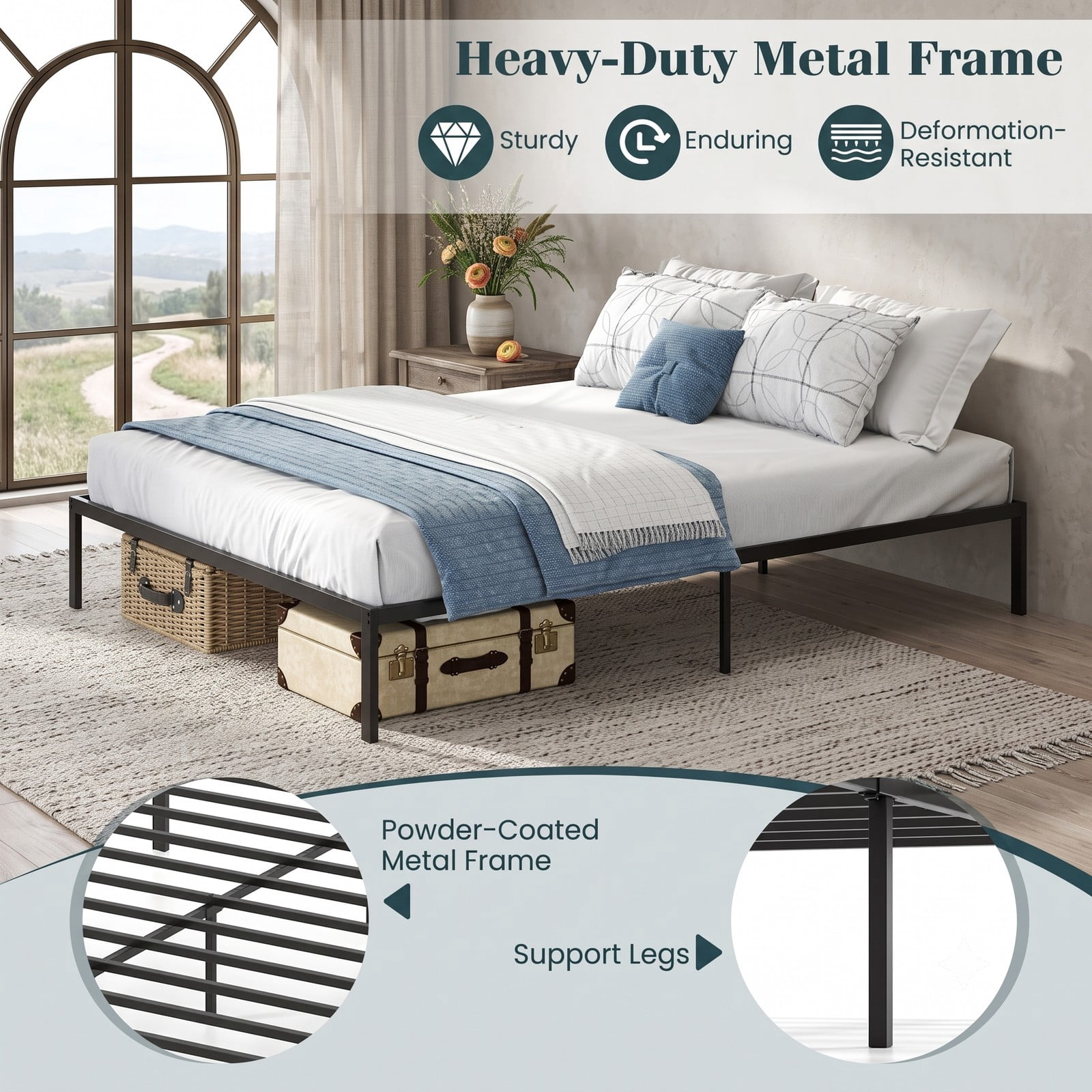 Furnibear Queen Size Metal Bed Frame with Heavy Duty Slat Support and Extra Center Legs, Platform Bed Frame No Box Spring, Black