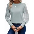 thumbnail image 3 of Women'S Solid Color Long Sleeve Embroidered Lace Stitching Waffle Round Neck Top Lake Blue XL, 3 of 8