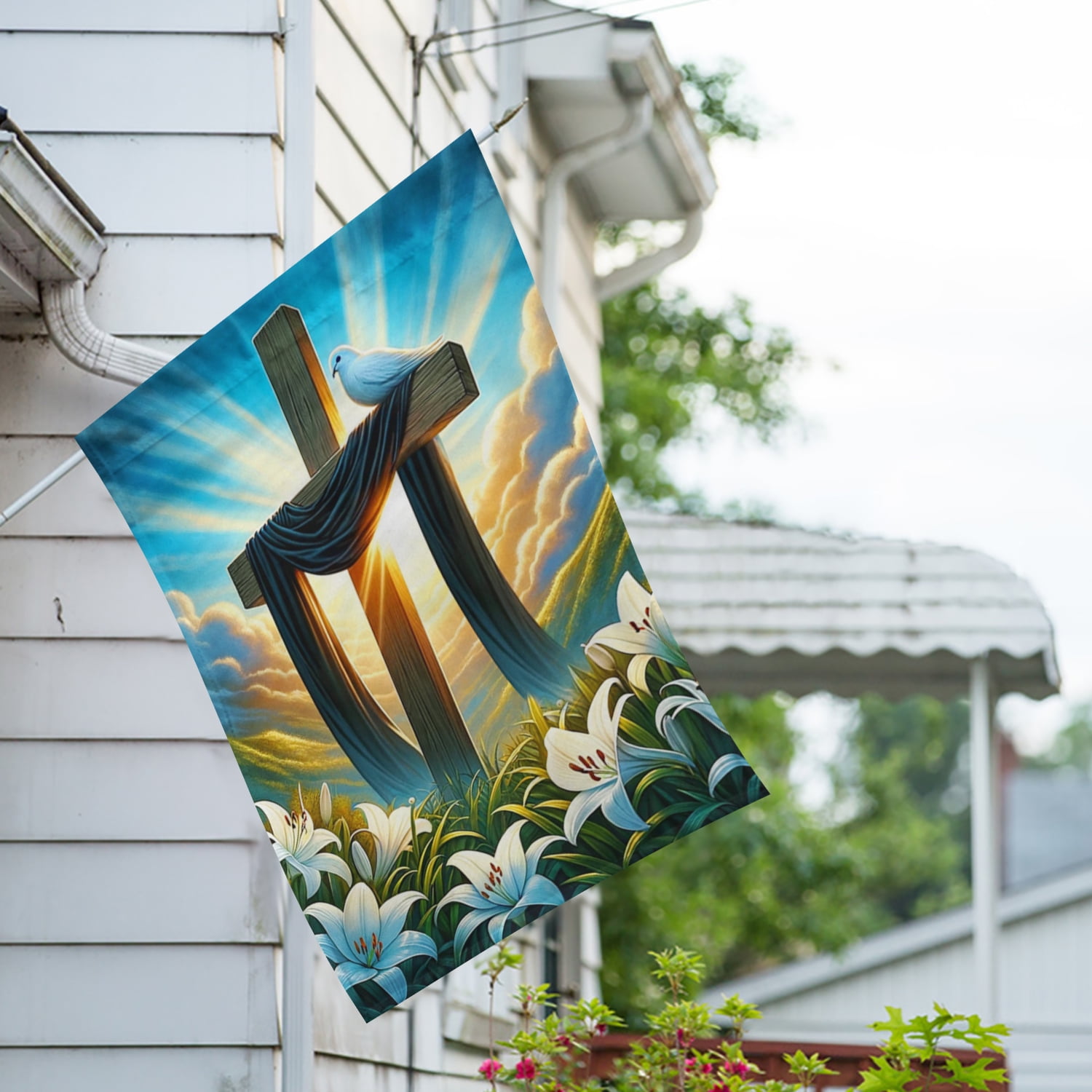 America Forever Easter Cross House Flag, 28x40 inch Double Sided, Christian He is Risen, Lilies and Cross Easter Religious Holiday Seasonal Spring Floral Yard Outdoor Decorative Flag