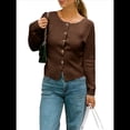 thumbnail image 3 of Suéter Tipo Cárdigan de Punto con Botones, Larga y Cuello Redondo para Mujer Marrón M, 3 of 7
