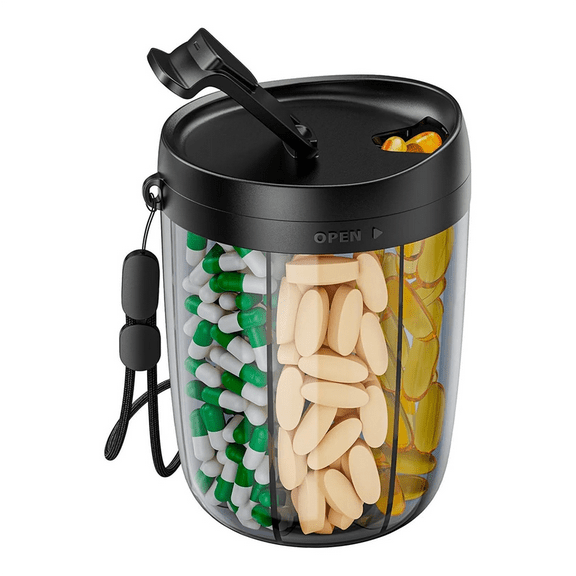 6 Grids Large Pill Cup Bottle Organizer Supplement Organizer for Holding 7 Various Vitamins Travel Pill Case Box,1 * Pill Cup Bottle Organizer,Black & Transparent