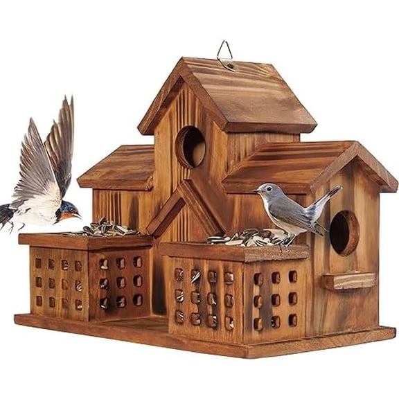 Bird Houses for Outside with Bird Feeder, Outdoor 3 Hole Bird House Room for 3 Bird Families Bluebird Finch Cardinals Hanging Birdhouse for Garden$$Garden & Patio