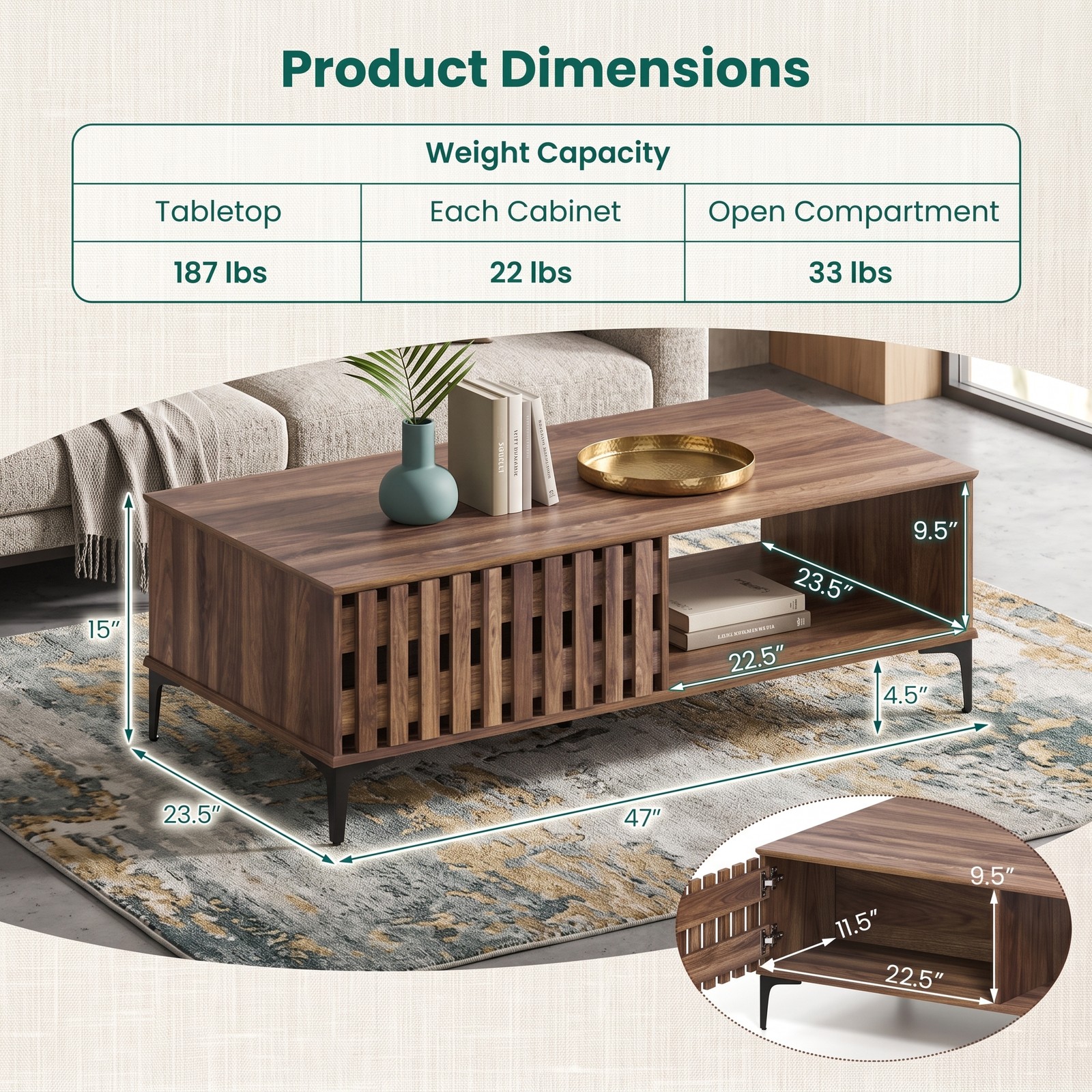 Furnibear 47 Inch Mid Century Coffee Table, Farmhouse Wooden Center Table with Storage Cabinets and Open Compartment, Rustic Living Room Sofa Accent Table with, Walnut