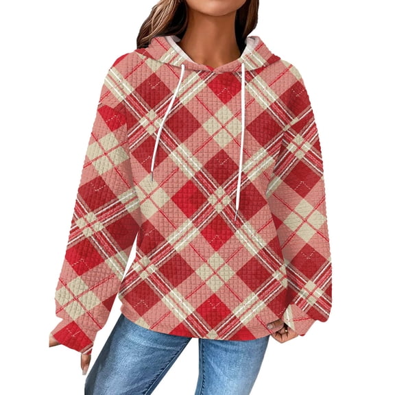 Women's Fashion Loose Hooded Pullover Long Sleeve Plaid Sweatshirt with Drawstring Drop Shoulder and Pocket Print,Vermilion,XL