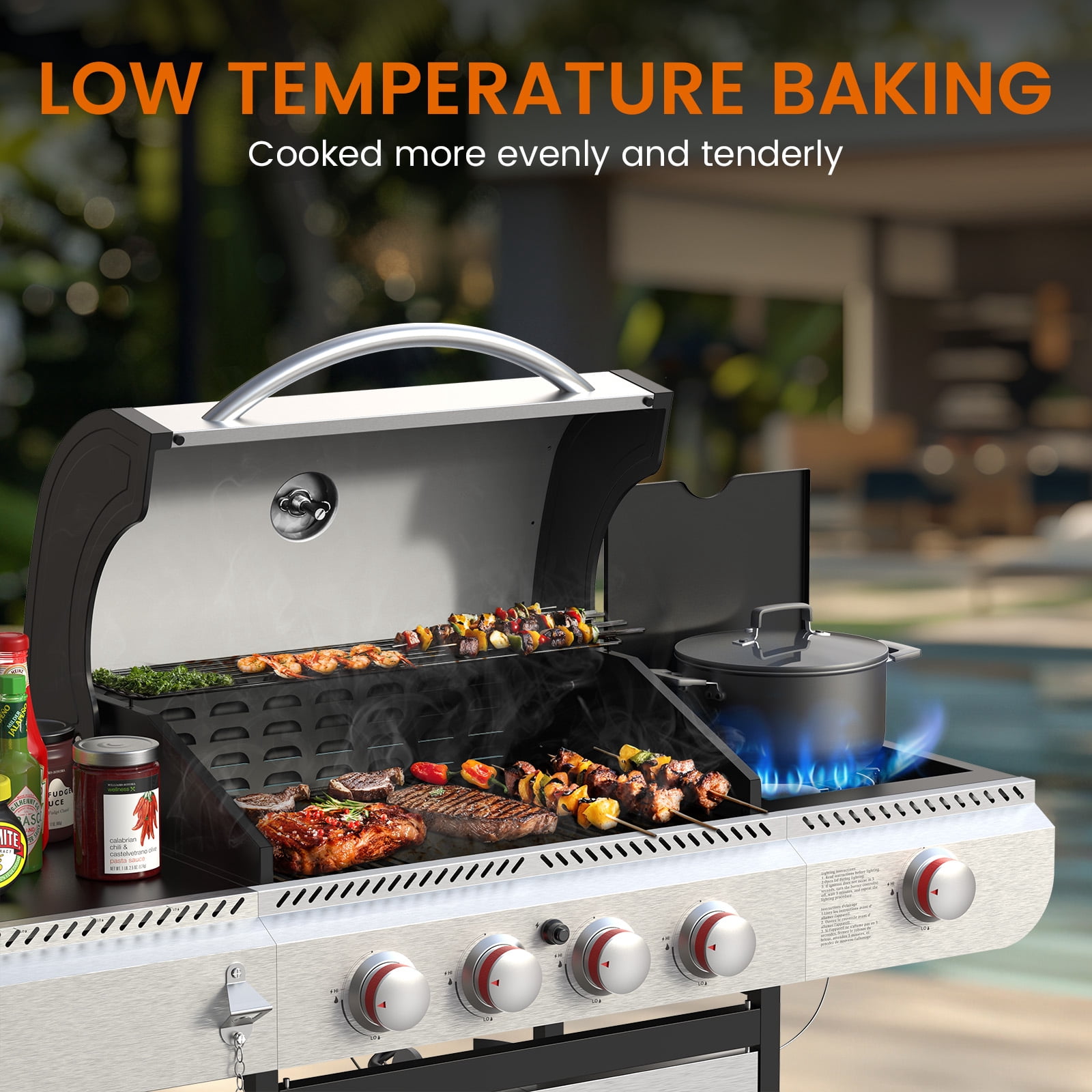 KNDKO 4-Burner Propane Gas Grill with Side Burner, 42,000 BTU Stainless Steel BBQ Grill, Porcelain-Enameled Cast Iron Grates, Heavy-Duty Design for Camping & Outdoor Cooking