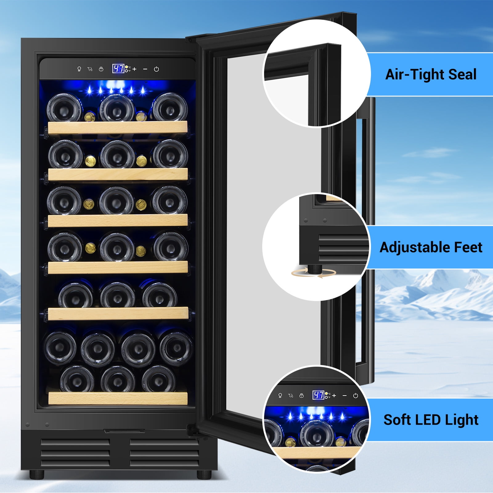 TITTLA 15 inch Wine Refrigerators,30 Bottles Wine Coolers ,Freestanding & Built-in with Glass Door,Black