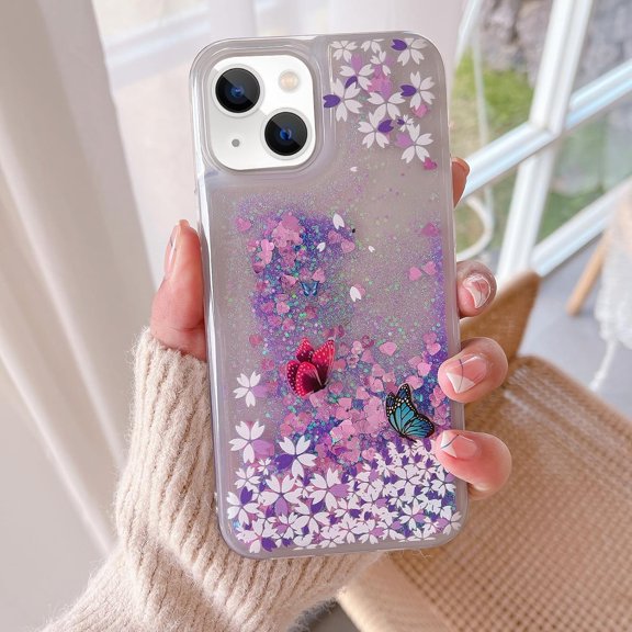 Compatible with iPhone 15 Glitter Case Bling Sparkle Luxury Liquid Floating Quicksand Case Women Girls Slim Soft TPU Cute Flower Protective Transparent Cover,Butterfly