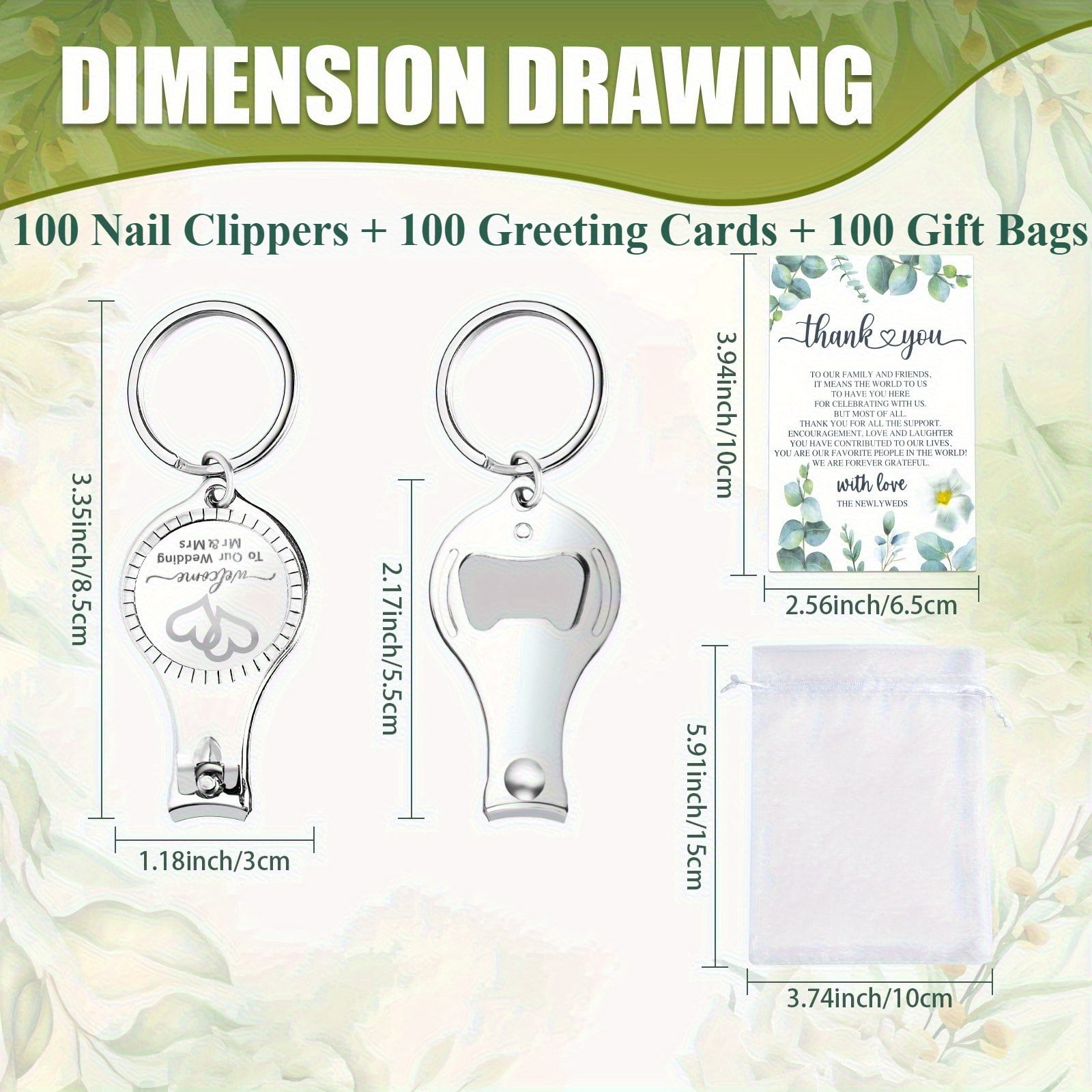 100Set Multi-Function Wedding Keychain Favors, 3 in 1 Nail Clippers Bottle Opener Keychain with Thank You Cards & Organza Bags, Practical Gifts for Baptisms Weddings Baby Showers, Silvery