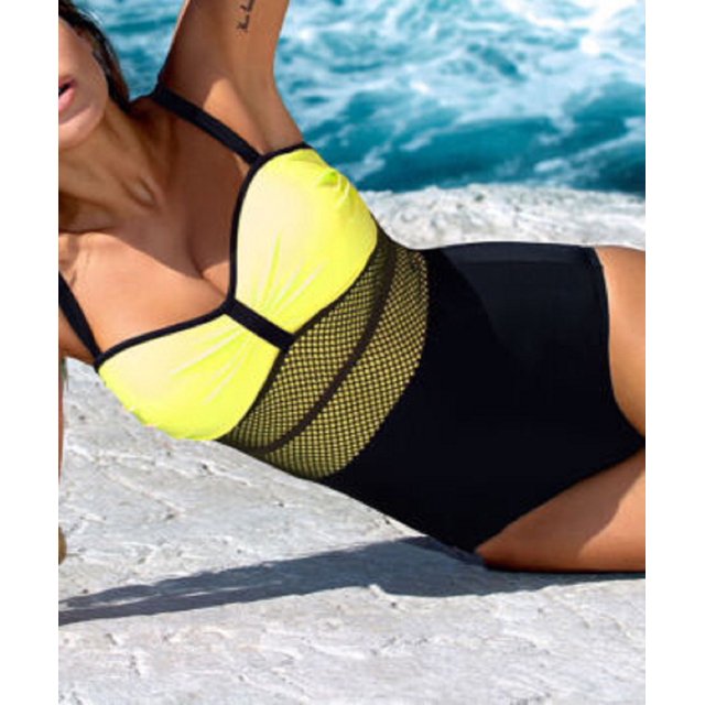 Traje de baño de una pieza para mujer, traje de baño sin espalda acolchado con realce halter de patchwork XBTCLXEBCO Sólido; costuras de malla en la cintura