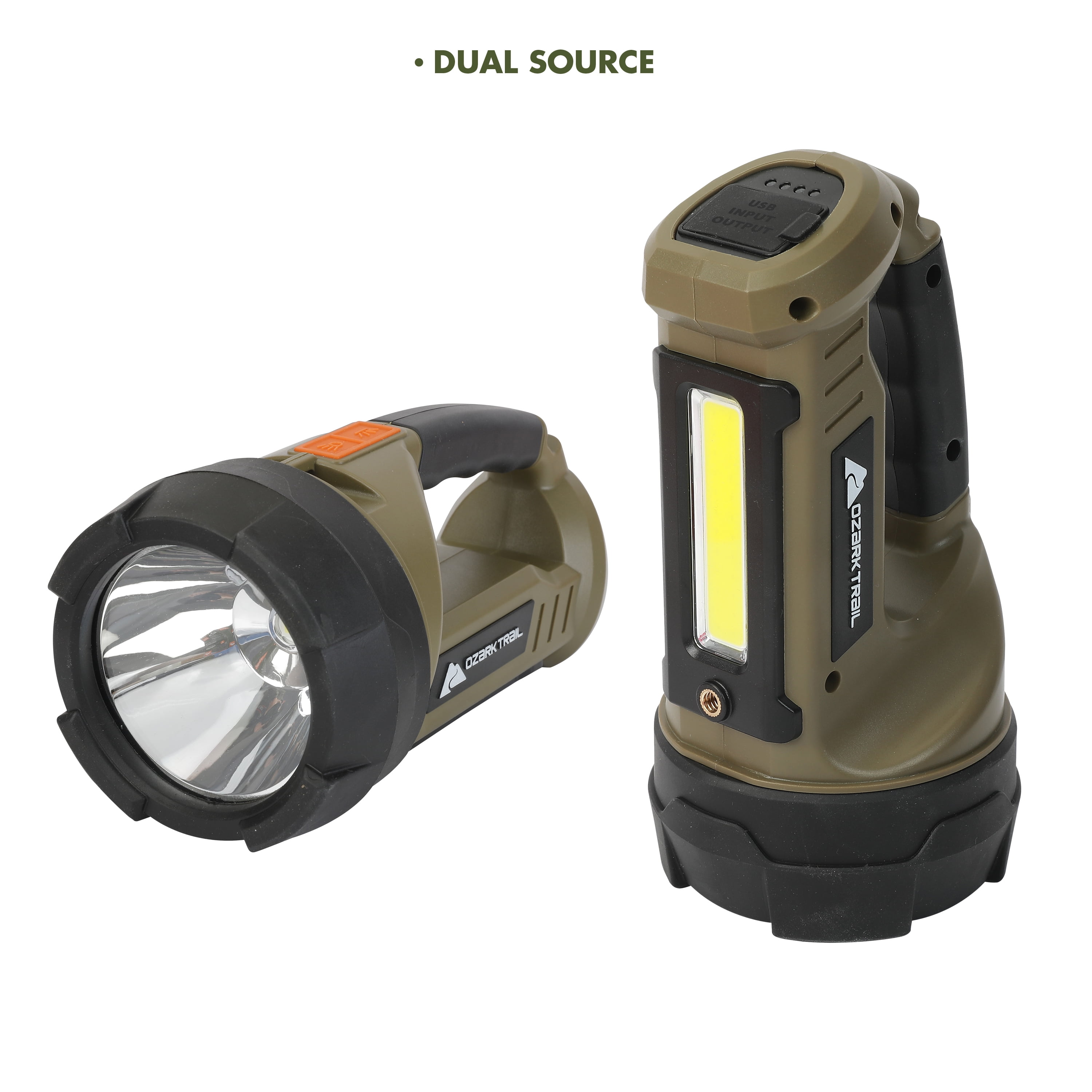 Ozark Trail LED 4000 Lumen Dual Source Rechargeable Flashlight, with 5000 mAh Power Bank, Olive