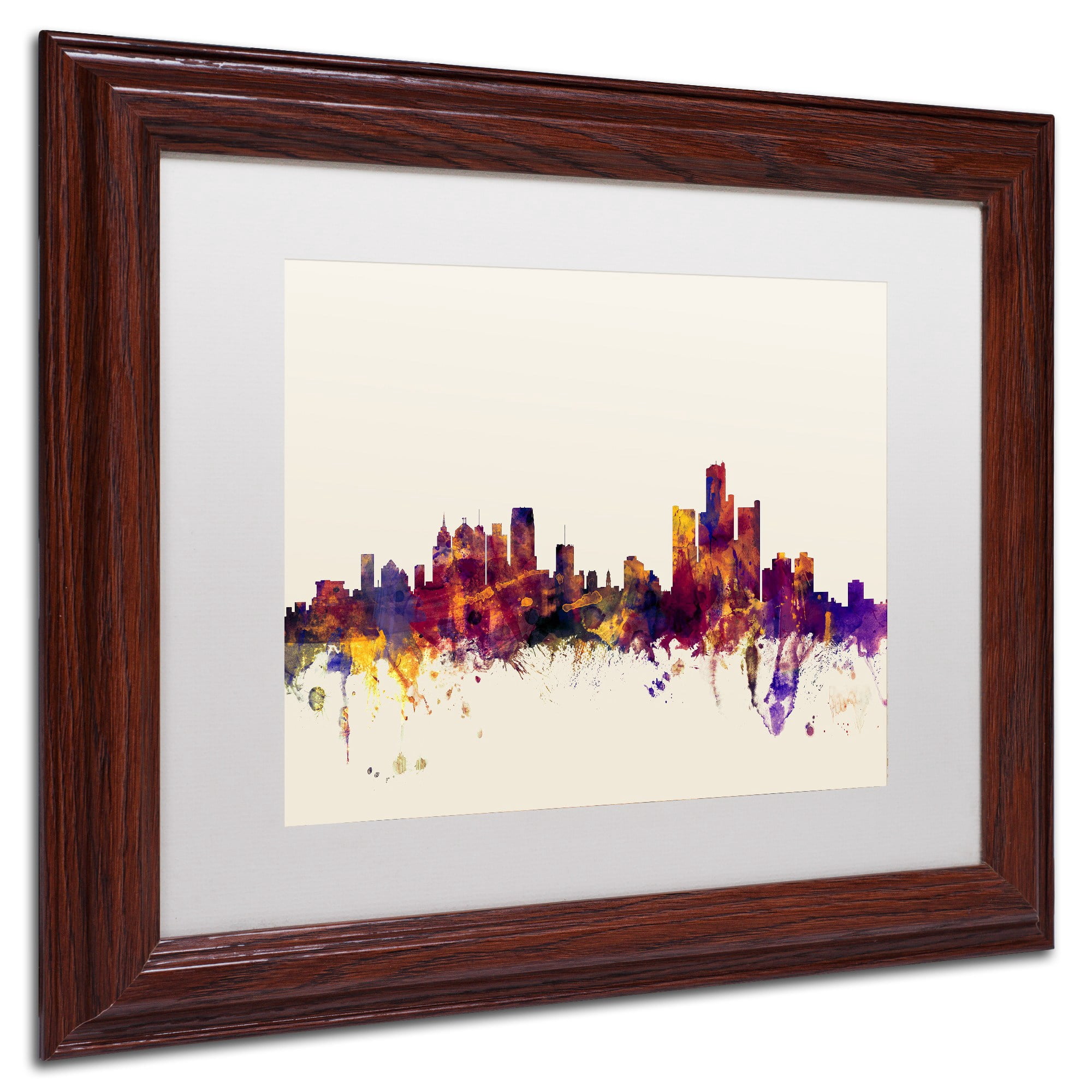 Trademark Fine Art "Detroit Michigan Skyline" Canvas Art by Michael Tompsett, White Matte, Wood Frame
