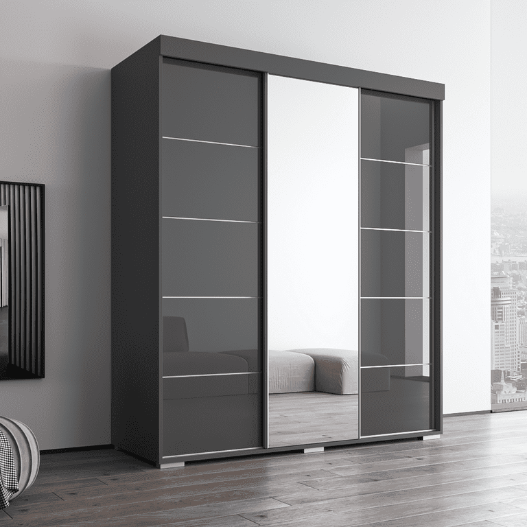 Aria 3 Door 71 Wide Modern High Gloss Wardrobe Armoire Gray with Mirror