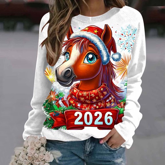 Women's Christmas Print Sweatshirts Round Neck Loose Long Sleeve No Hood for Daily Fashion