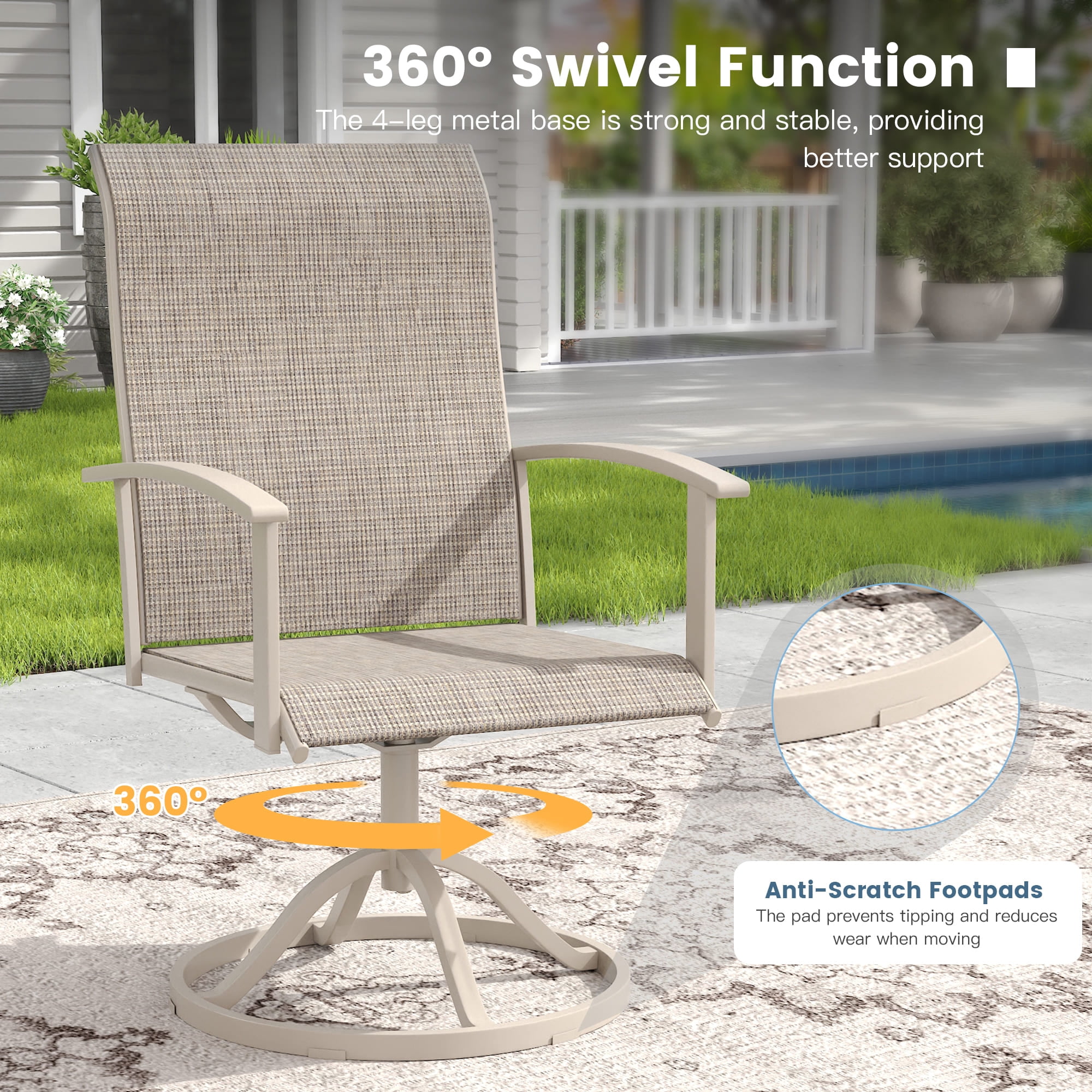 Vicllax Patio Swivel Chairs Set of 4, Outdoor Dining Chairs with Weather-Resistant Textilene Fabric & Metal Frame，Sandshell