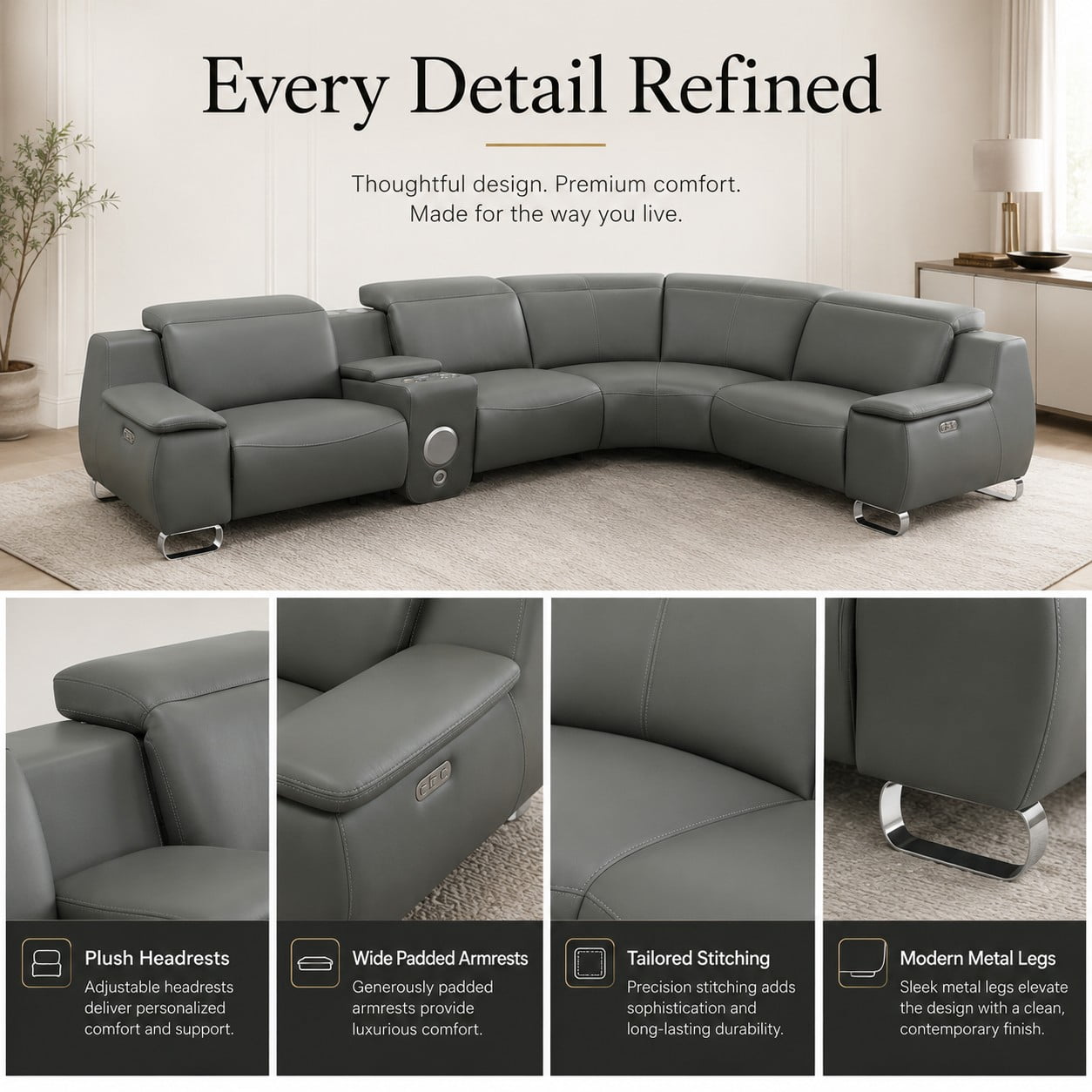 Aenkyo L-Shaped Faux Leather Power Reclining Sectional Sofa with Speaker and Wireless Charging, Gray