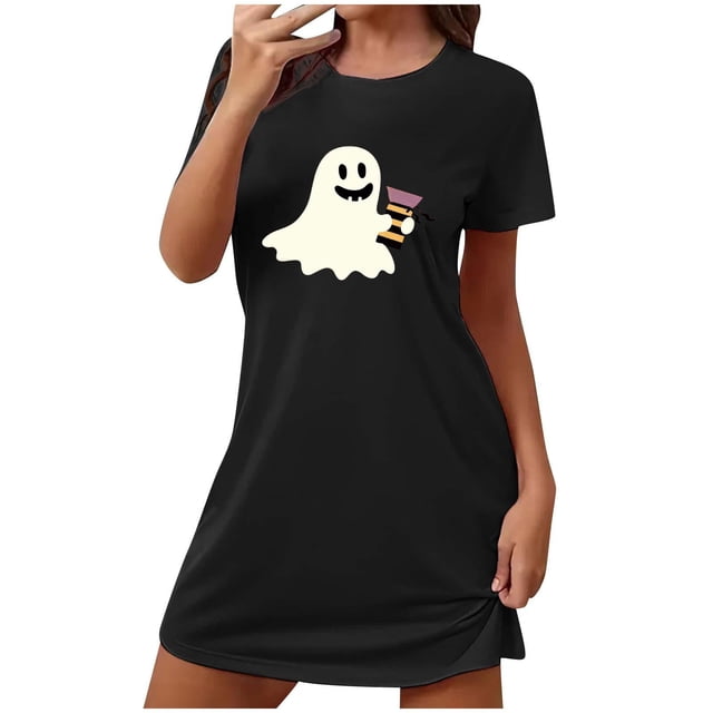 Tnhcen Robe de Nuit Polyvalente d'Halloween Grande Taille Imprimé Dessin Animé Manches Courtes Col Rond Polyester Spandex Extensible P-2TG pour Dormir/fêtes/se Détendre