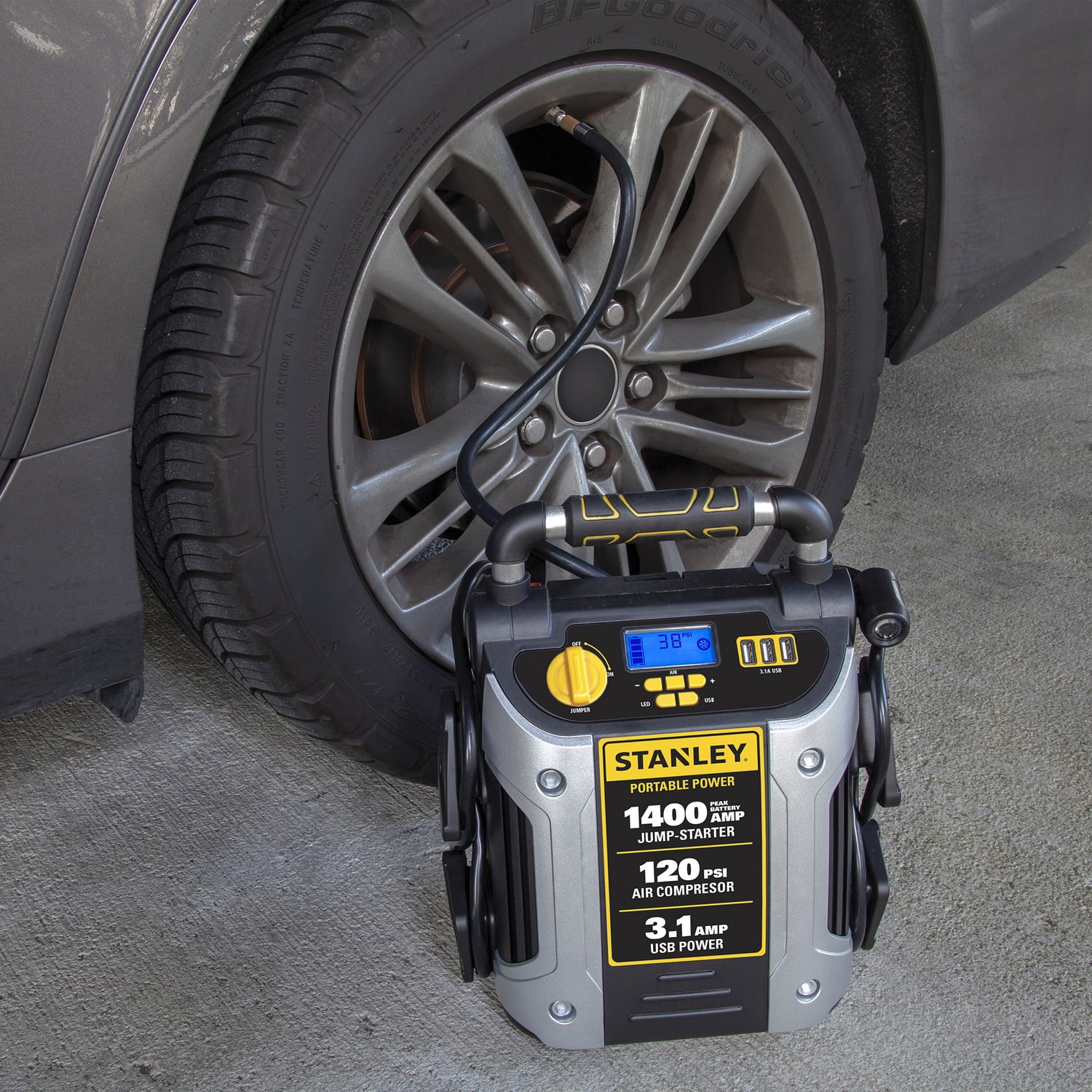 Braun J7C09D Digital Portable Power Station Jump Starter: 1400/700 Instant Amps, 120 PSI Air Compressor, 3.1A USB Ports, Battery Clamps
