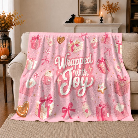Wrapped Joy Holiday Pink Glitter Text Presents Cupcake, Festive Holiday Scene, Warm Flannel Blanket for Living Room and Reading Nook, Art Lovers Friendship Gift, Festive Home Decor