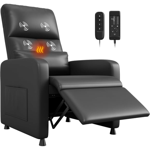 Power Recliner Chair with Massage and Heat, Electric Adjustable Ergonomic PU Leather Single Sofa, Overstuffed Home Theater Seating with 2 Side Pockets and USB Port for Living Room,Black