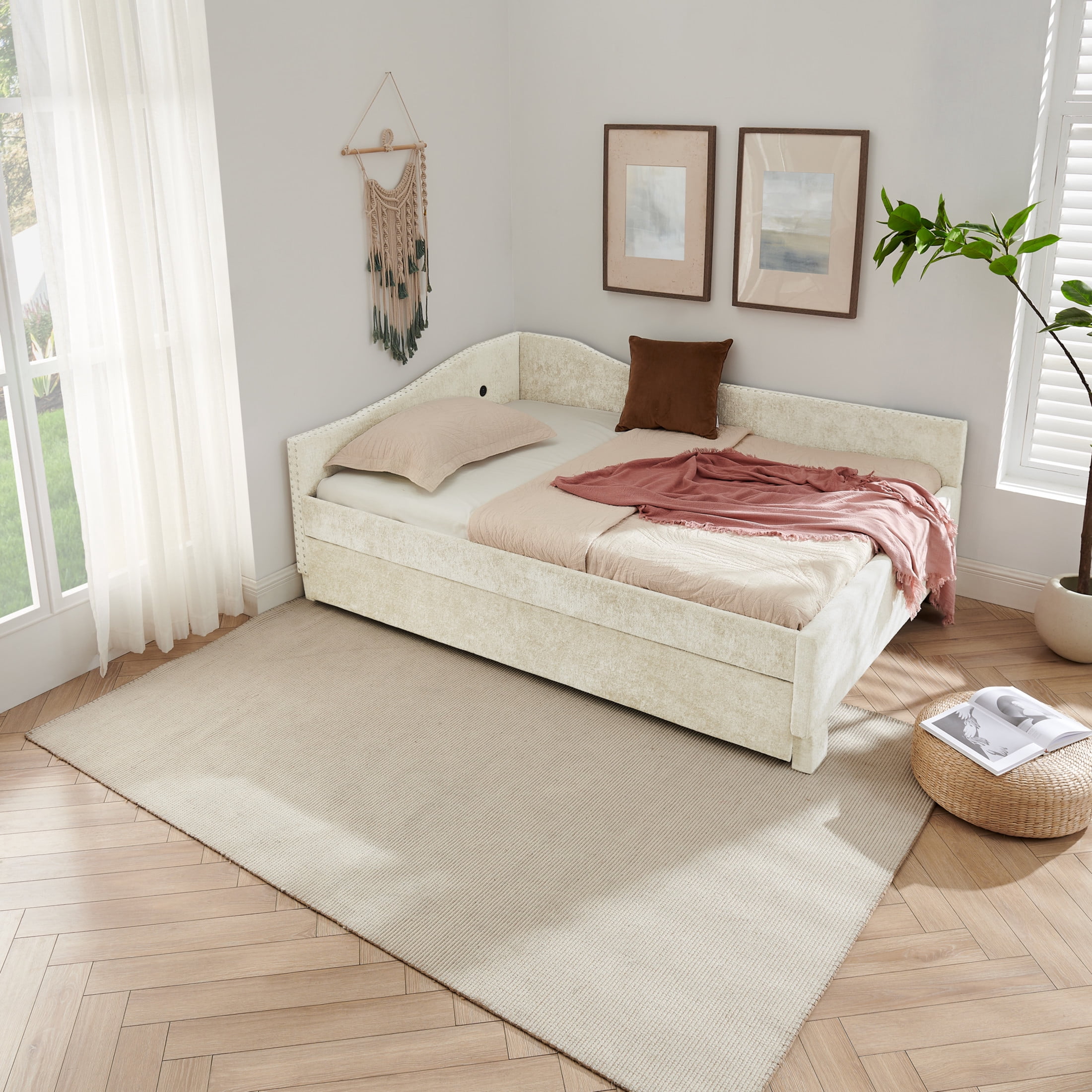 Noble House Phineas Full Size Chenille Padded Daybed, Sofa Bed Frame with Twin Trundle and Charging Port, Beige