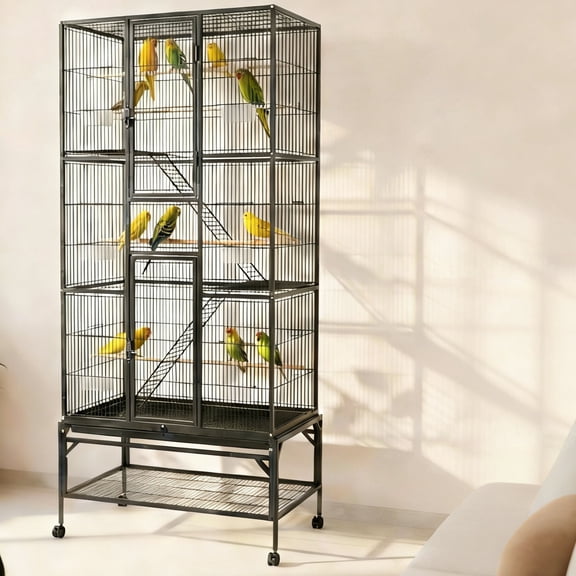 Extra Large Bird Cage, 69.5" Metal Parrot Cage with Detachable Rolling Stand, Madagascar Cage, Wrought Iron Large Bird Flight Cage for Macaws, Cockatoos
