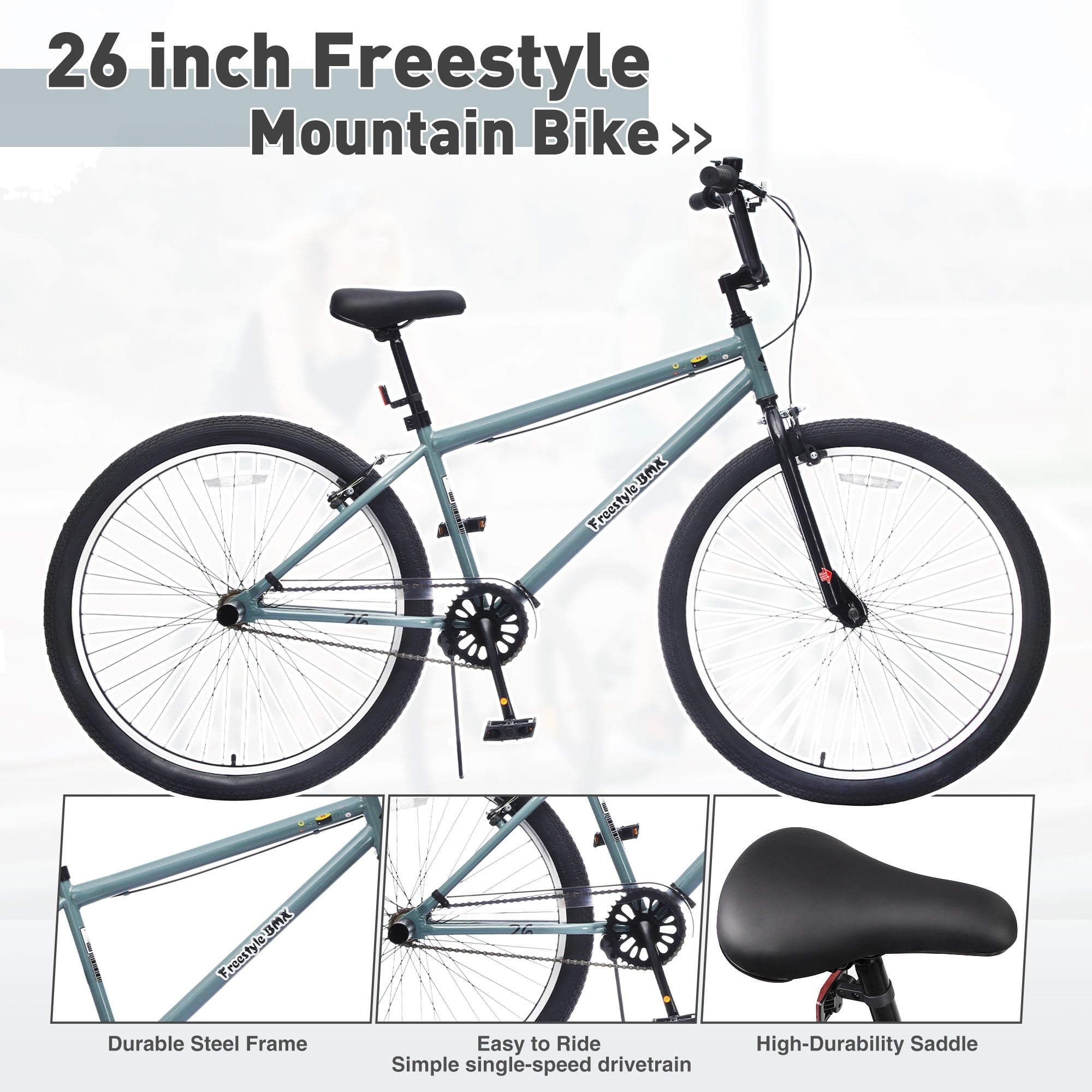 26-Inch Freestyle Bike,Single-Speed Steel Frame Bicycle with Front & Rear Brakes