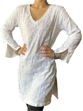 Women Tunic Dresses White Sequins Embroidered Cotton Kurti Party wear Indian Dress S