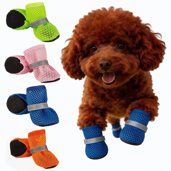Dog Summer Boots, 4-Pack Breathable Mesh Dog Shoes with Anti-Slip Sole & Reflective Strap, Waterproof Paw Protectors for All Seasons - Hot Pavement, Rain, Small To Medium Dogs
