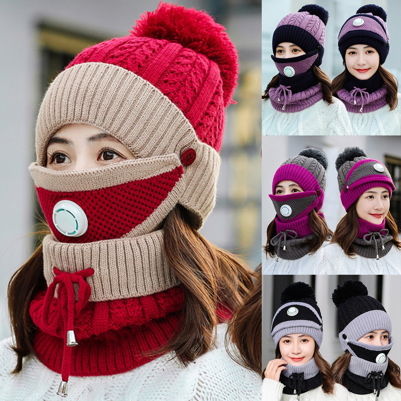 Women Hats Winter Knitted Hat With Bib Mask Scarf Female Wool Beanies Thickened
