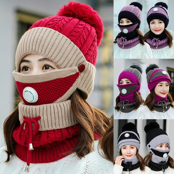 Cheers.US 3Pcs/Set Winter Knitted Beanie Hat Face Neck Warmer Set for Women Girls Fleece Lining Ski Caps with Pompom